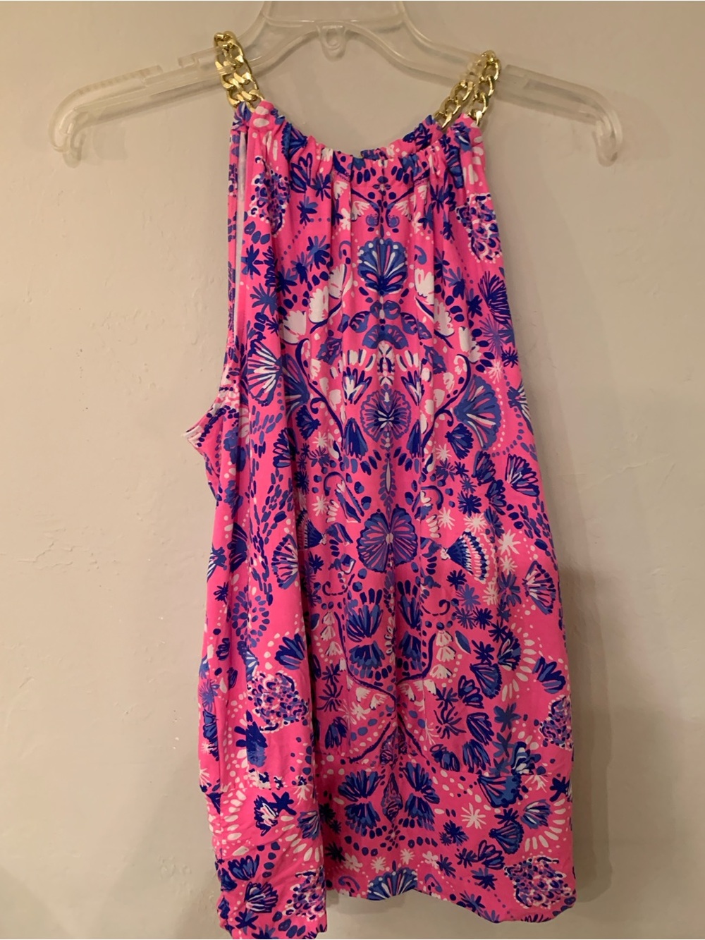 Lilly Pulitzer Pink and Blue Floral Halter Top with Gold Chain Straps No Flaw
